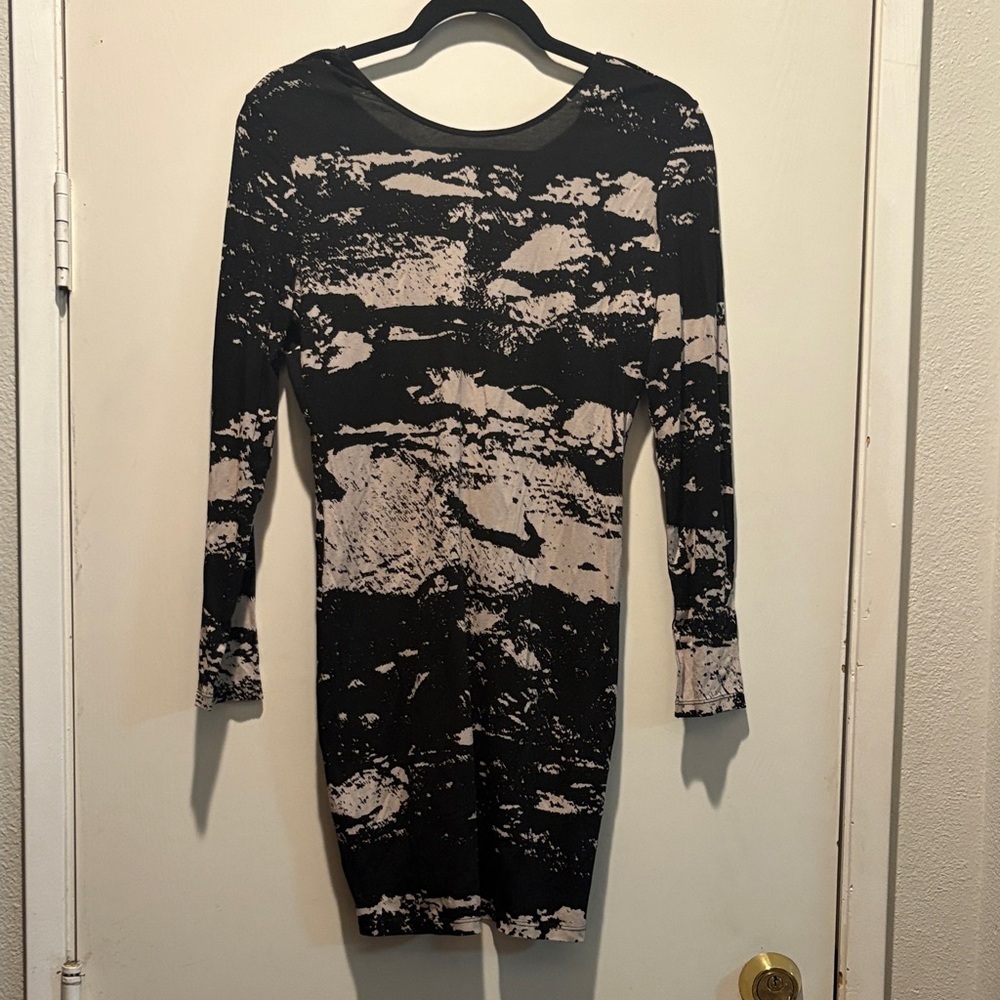 Divided Black and Cream Abstract Long Sleeve Bodycon Dress